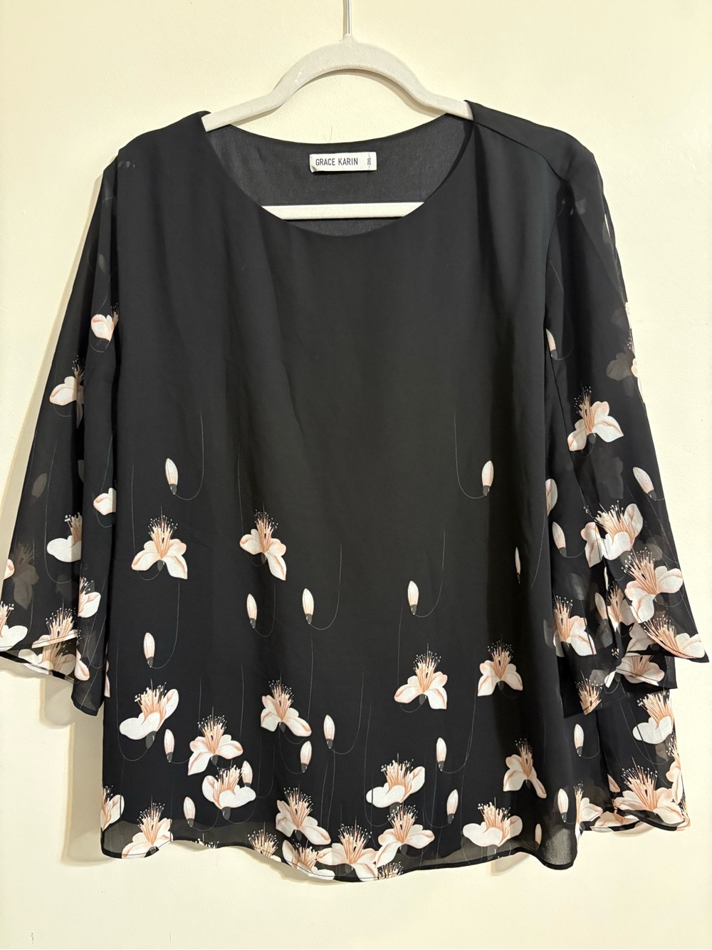 Grace Karin Black Floral Chiffon Blouse Peach Blooms split sleeve‎ women’s 2XL